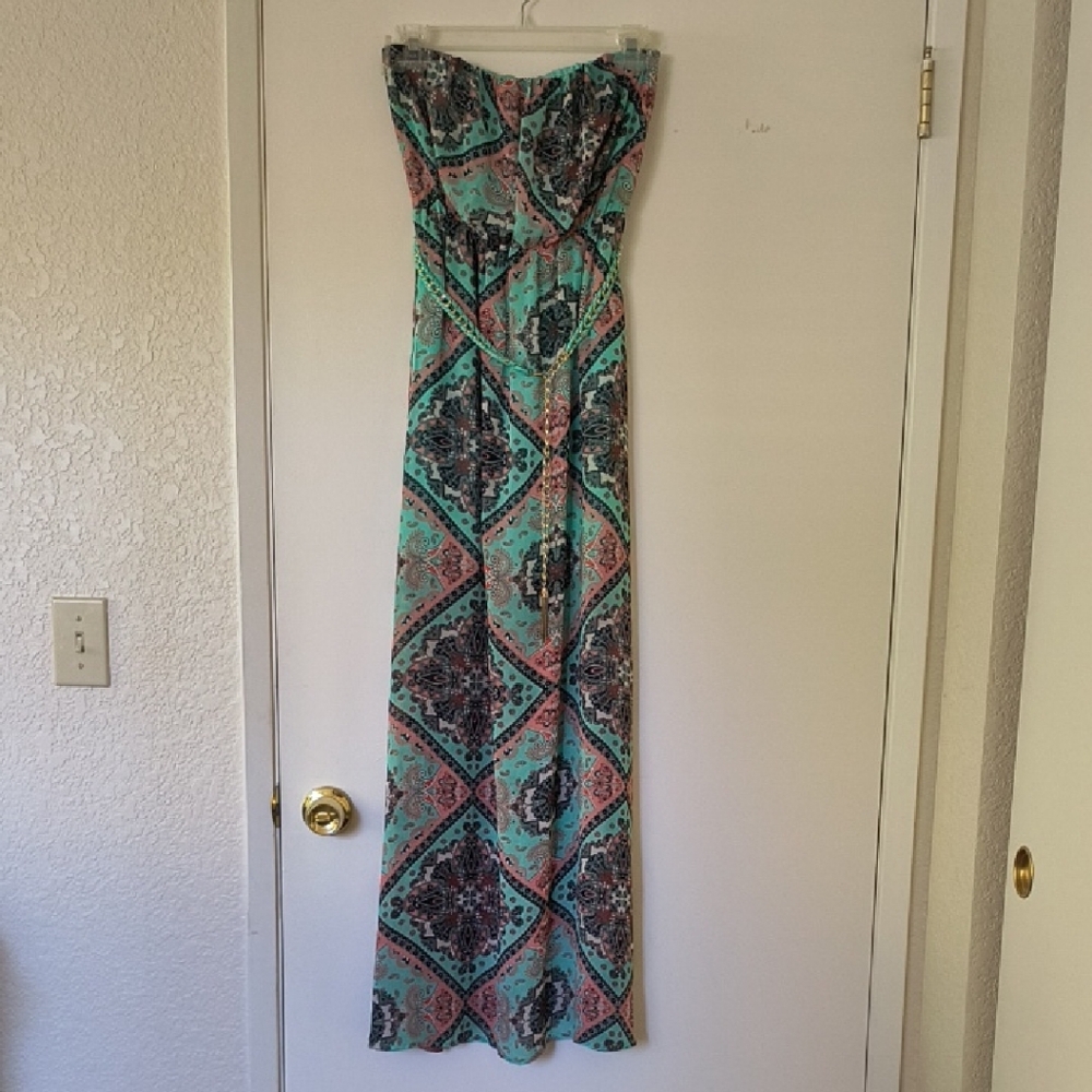 Miss Avenue Blue Green Strapless Maxidress